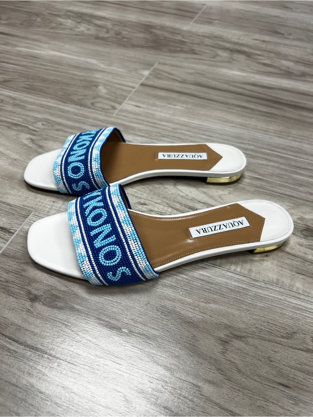 Aquazzura Mykonos Beaded Leather Slides White Blue Size EU 37 NWOT - Picture 6 of 15